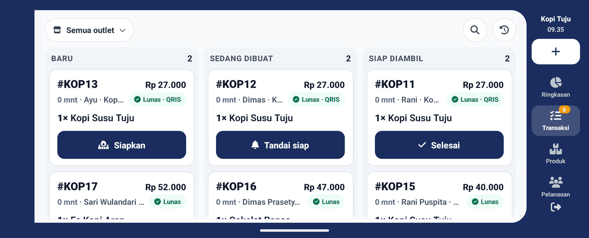 Tab Transaksi aplikasi Katujuan di HP yang diputar mendatar: tiga kolom Baru, Sedang dibuat, Siap diambil berdampingan, masing-masing dengan tombol Siapkan, Tandai siap, Selesai; menu di rail kanan