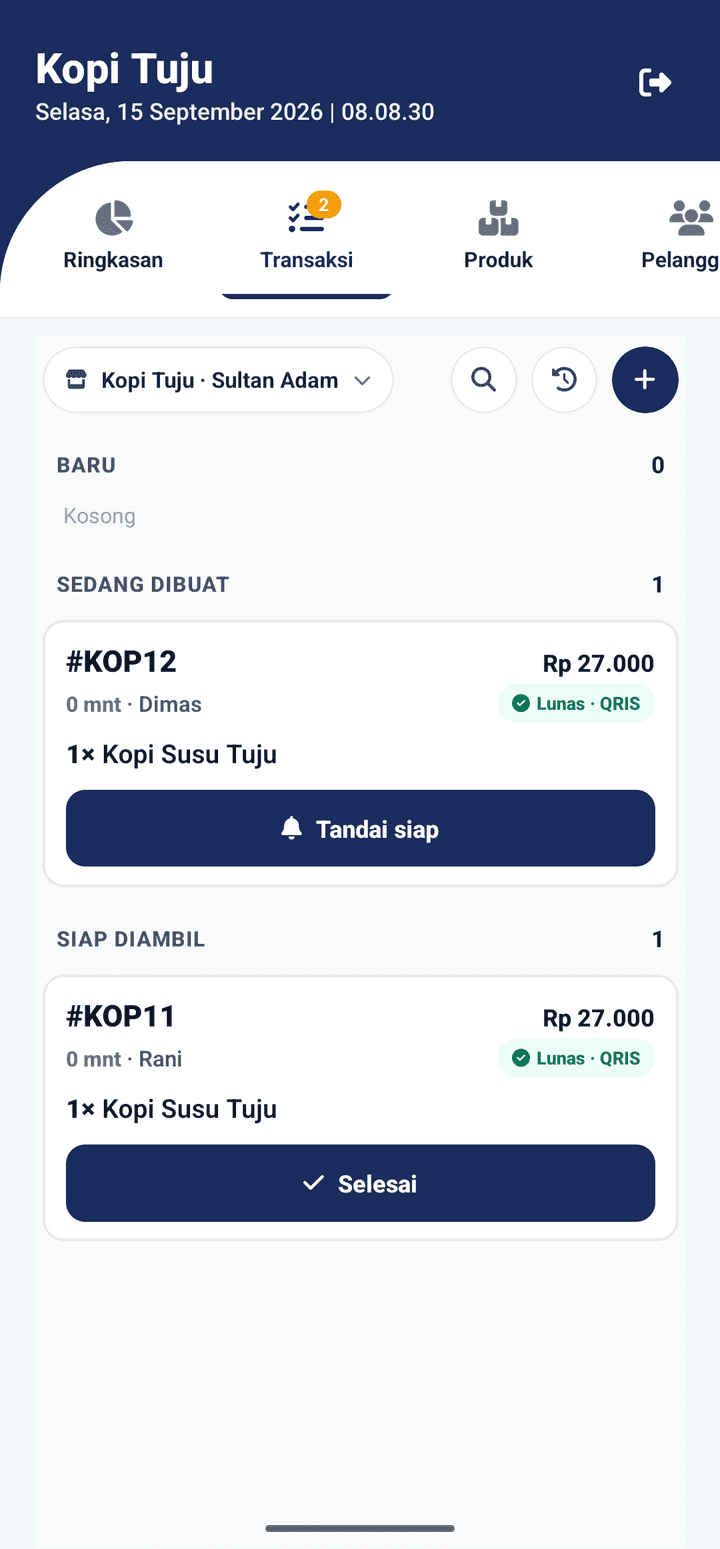 Tab Transaksi aplikasi Katujuan, outlet Kopi Tuju · Sultan Adam: lajur Baru kosong, Sedang dibuat berisi #KOP12 dengan tombol Tandai siap, Siap diambil berisi #KOP11 dengan tombol Selesai