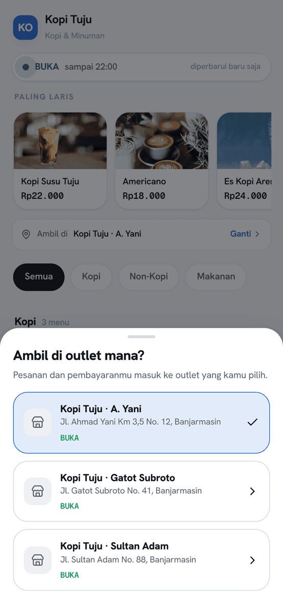 Lembar Ambil di outlet mana? dengan tiga outlet Kopi Tuju beserta alamat dan status BUKA; A. Yani terpilih