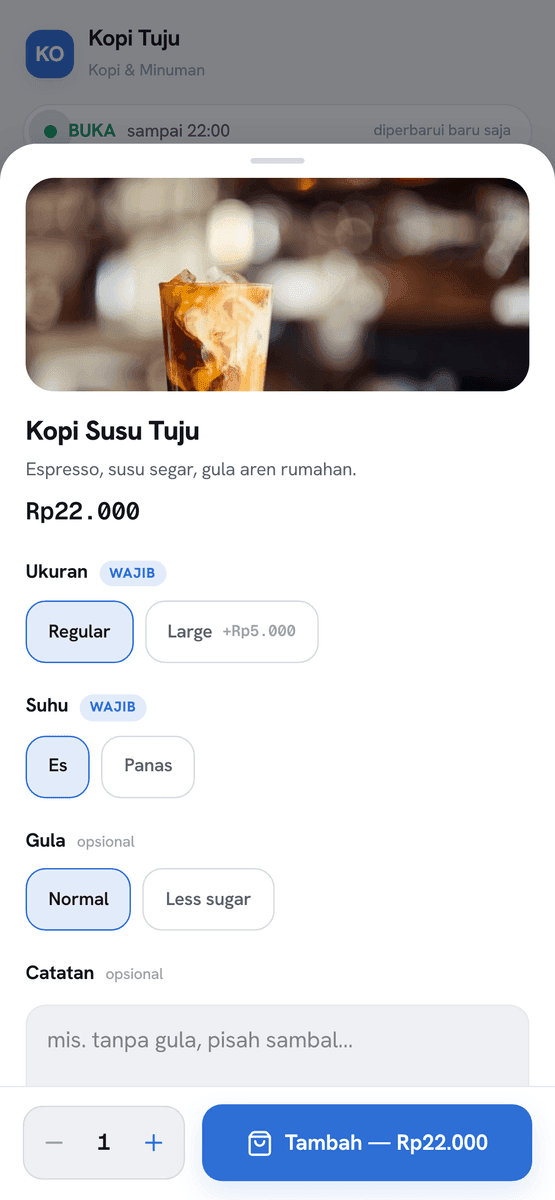 Lembar menu Kopi Susu Tuju Rp22.000: pilihan ukuran Regular/Large, suhu Es/Panas, gula, catatan, tombol Tambah